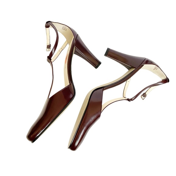 NEW Anne Klein Maroon Brown Leather T-Strap Heels Shoes Classic Size 9.5 - Picture 13 of 14